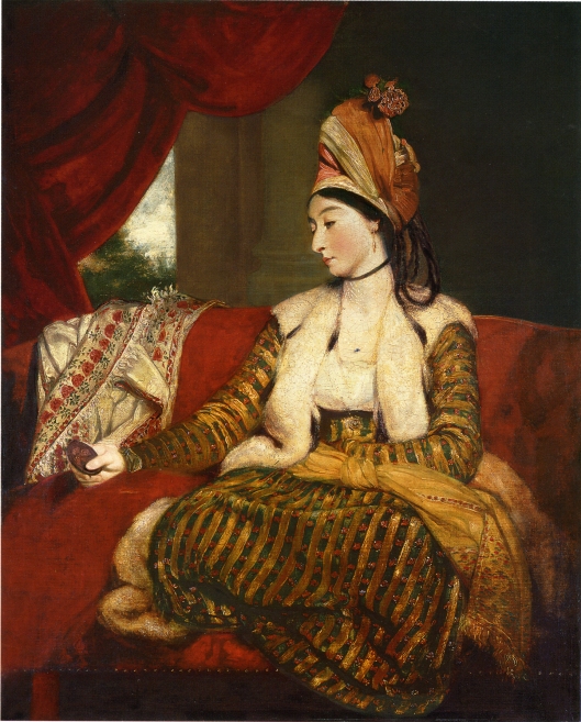 Portrait of Mrs. Baldwin, full length, seated on a red divan