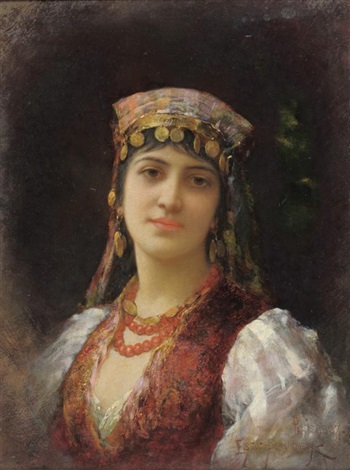 portrait of an oriental girl, head and shoulders, wearing a cream dress and waistcoat
