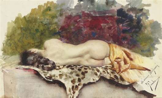 A reclining female nude seen from behind lying on a leopard skin